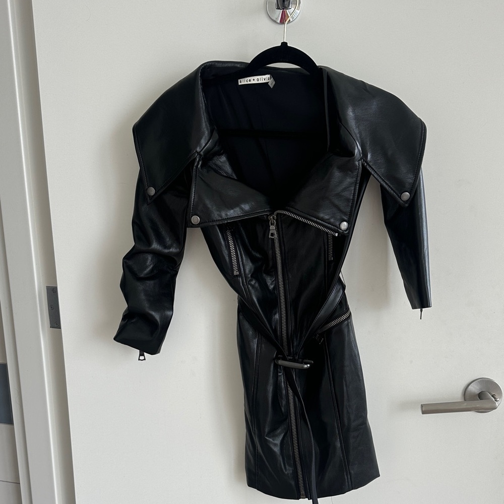 Alice + Olivia Black Faux Leather Moto Dress w/ Belt